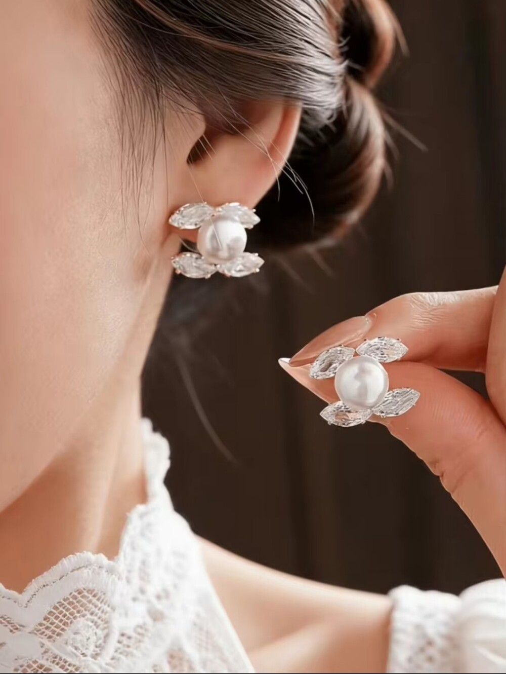 Silver Floral Pearl Stud Earrings - White